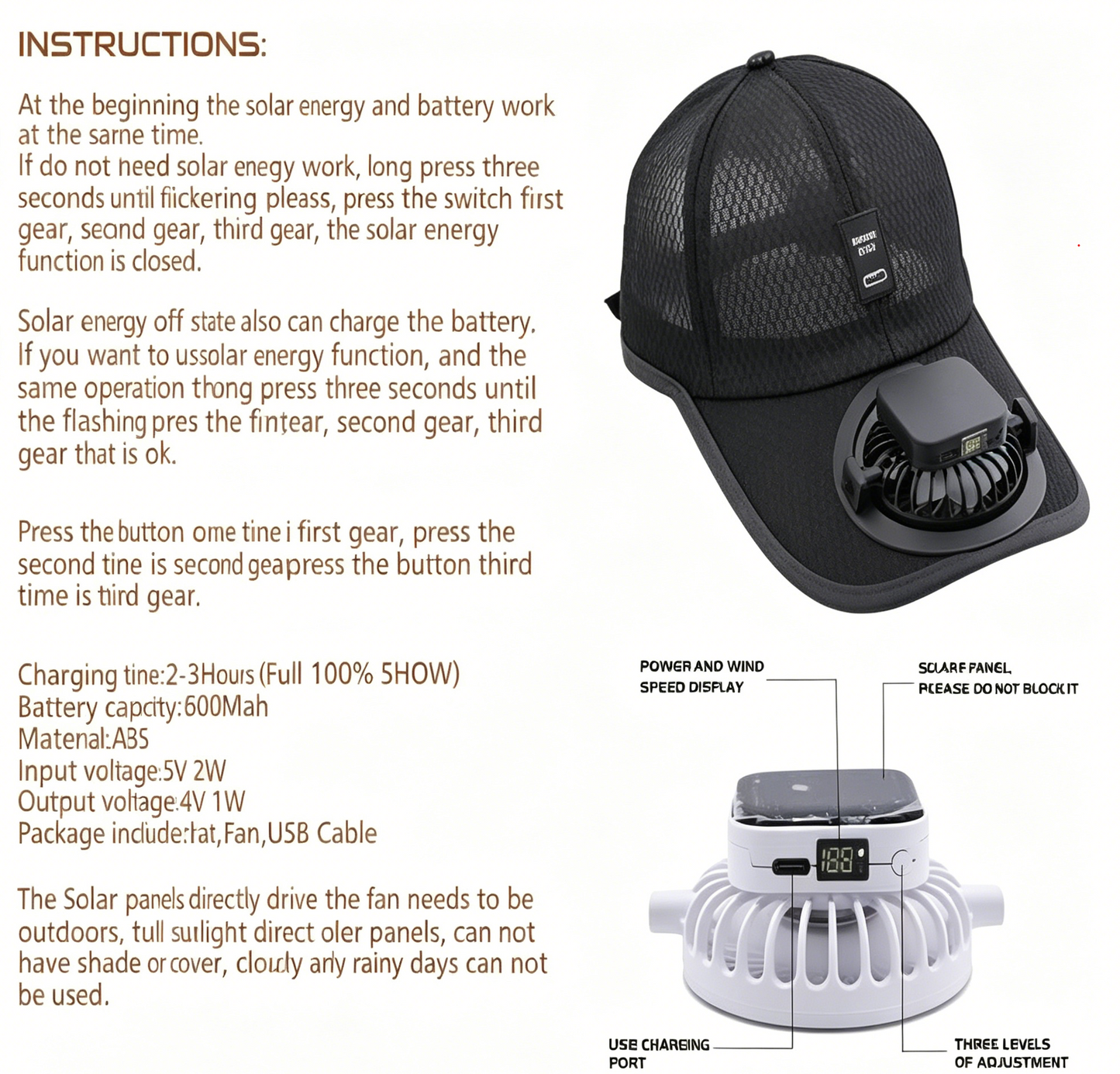 Adults Mesh Baseball Cap Fishing Beach Hats with Solar Fan