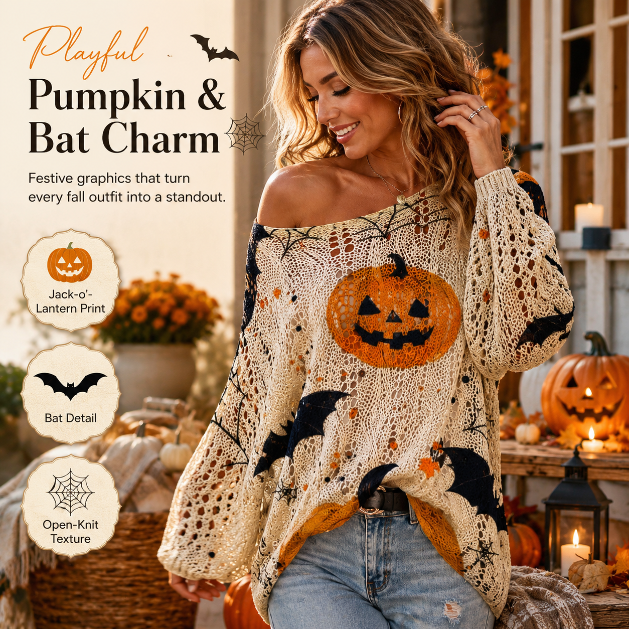 🎃 Women’s Pumpkin & Bat Crochet Knit Top – Festive Off-Shoulder Fall Style 🍂