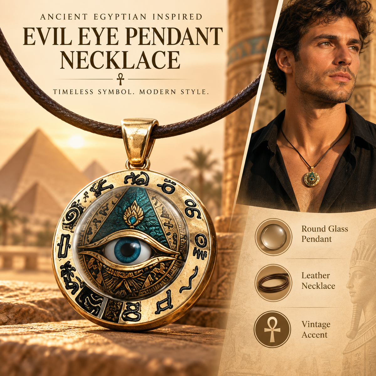 Egyptian Eye Round Glass Pendant Necklace