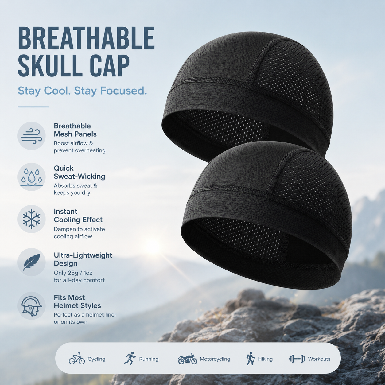 🧢 2 Pack Breathable Skull Cap for Men | Lightweight Sweat-Wicking Head Wrap & Helmet Liner for Cycling, Running & Motorcycling