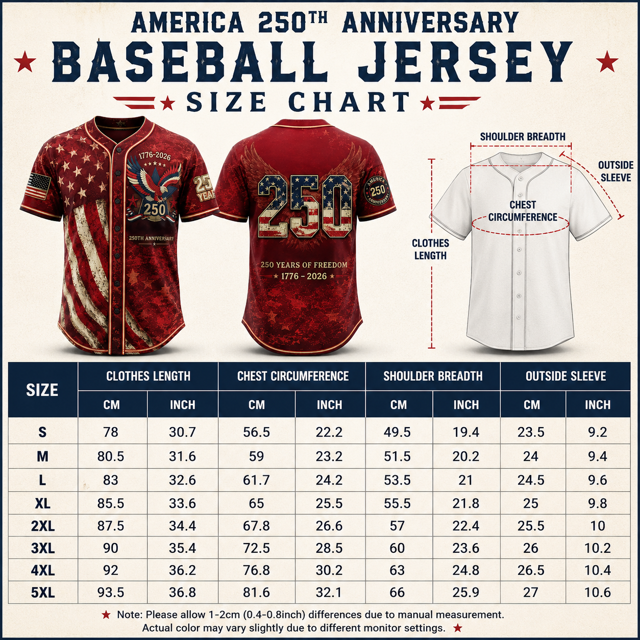 America 250th Anniversary Baseball Jersey | 1776-2026 Patriotic USA Jersey | 4th of July Gift