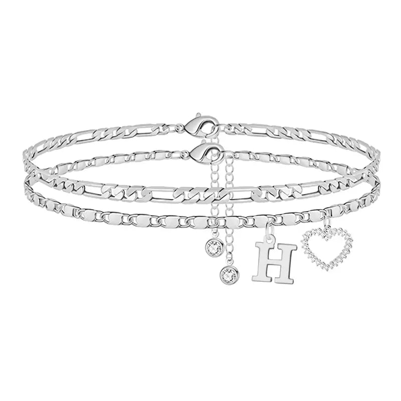 🎁Double-Layer 26-Letter Gold-Tone Chain Heart-Shaped Anklet with a heart-shaped pendant