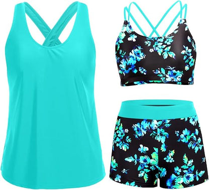 Three Piece Tankini with Shorts with Pockets