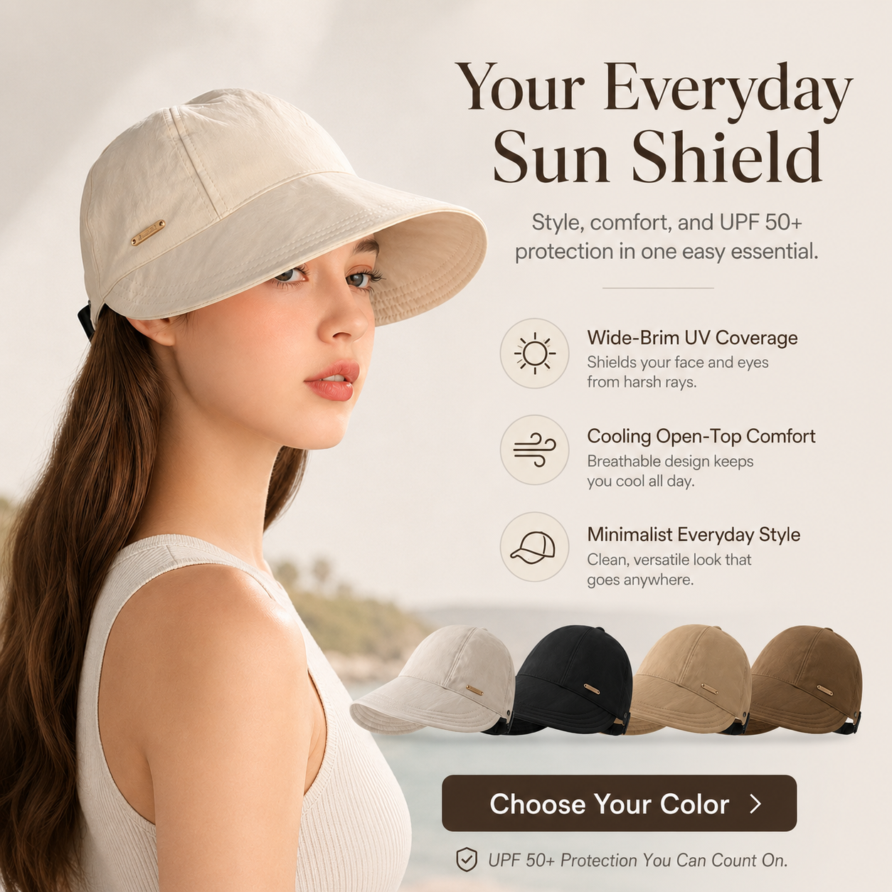 Women's Wide Brim Sun Visor Hat - UPF 50+ Open Top Cap for Ponytails, Golf, and Beach