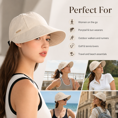 Women's Wide Brim Sun Visor Hat - UPF 50+ Open Top Cap for Ponytails, Golf, and Beach