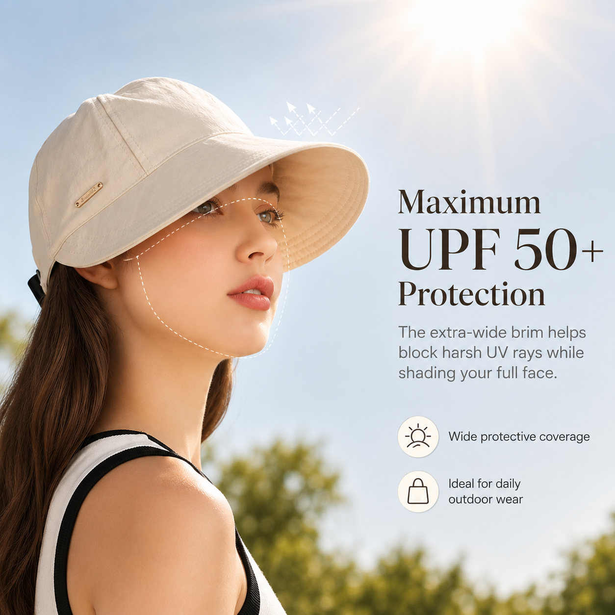 Women's Wide Brim Sun Visor Hat - UPF 50+ Open Top Cap for Ponytails, Golf, and Beach