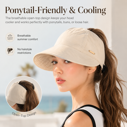 Women's Wide Brim Sun Visor Hat - UPF 50+ Open Top Cap for Ponytails, Golf, and Beach