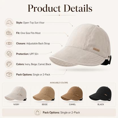 Women's Wide Brim Sun Visor Hat - UPF 50+ Open Top Cap for Ponytails, Golf, and Beach