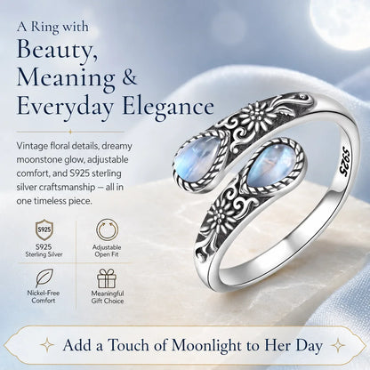 ✨ Adjustable Moonstone Ring – Vintage Floral Open Band, Soft Glow for Everyday Wear