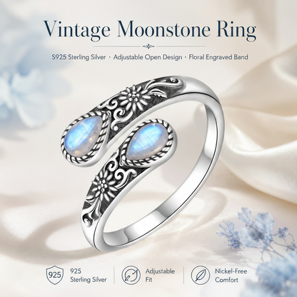 Moonstone Bloom Ring | Vintage Style • Adjustable Fit • Timeless Elegance