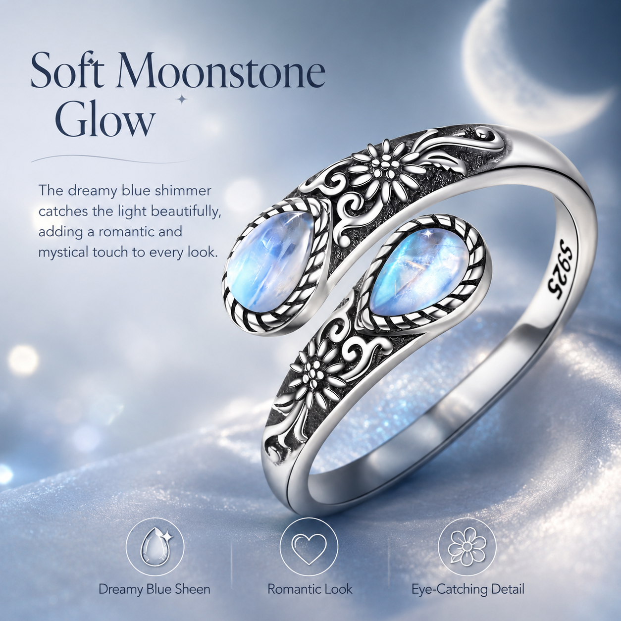 Moonstone Bloom Ring | Vintage Style • Adjustable Fit • Timeless Elegance