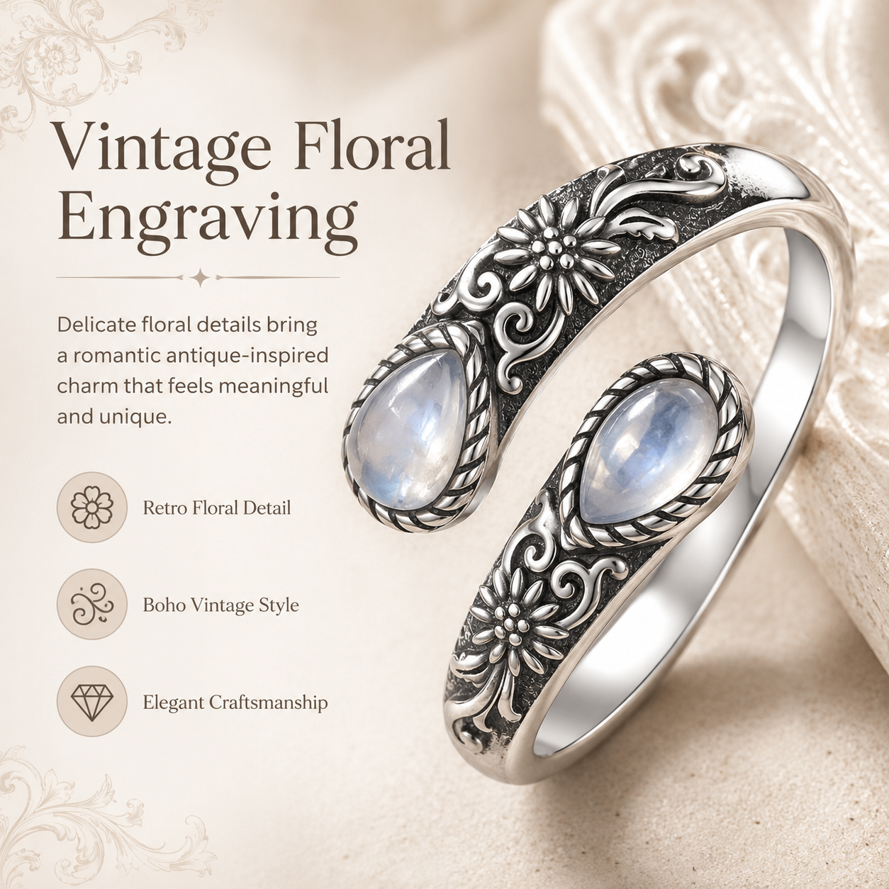 Moonstone Bloom Ring | Vintage Style • Adjustable Fit • Timeless Elegance