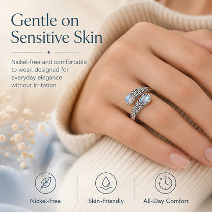 ✨ Adjustable Moonstone Ring – Vintage Floral Open Band, Soft Glow for Everyday Wear