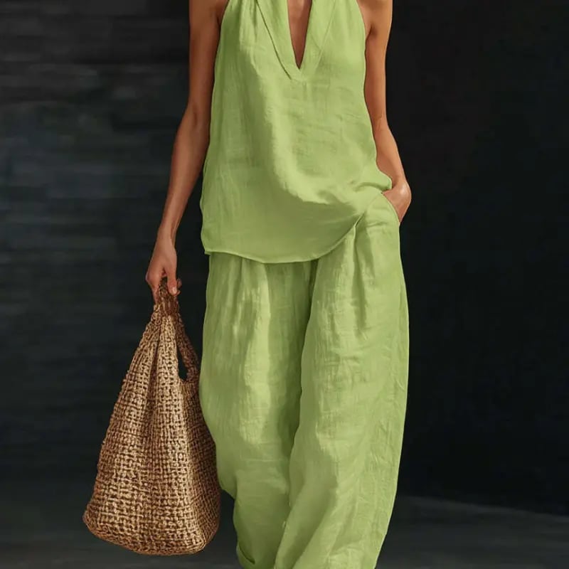 Halter Neck Sleeveless Top & Wide Leg Pants 2-Piece Set