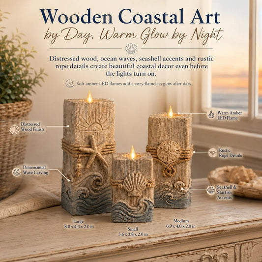 Vintage Wooden Coastal Seashell LED Candle Decor