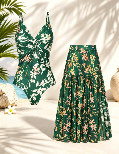 🌴 Women's One-Piece Swimsuit with Cover-Up Skirt