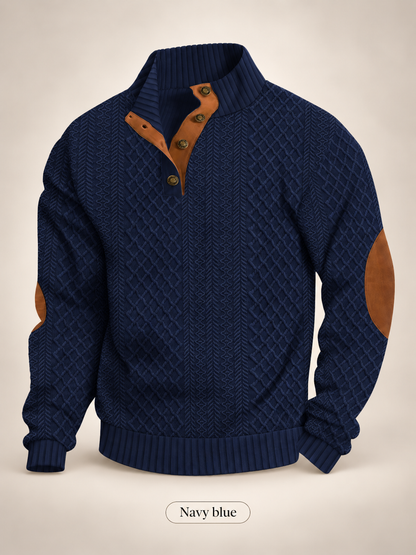 Men's Jacquard Knit Pullover Sweater – Stand Collar, 280gsm Diamond Weave, Elbow Patch, Micro-Stretch Long Sleeve