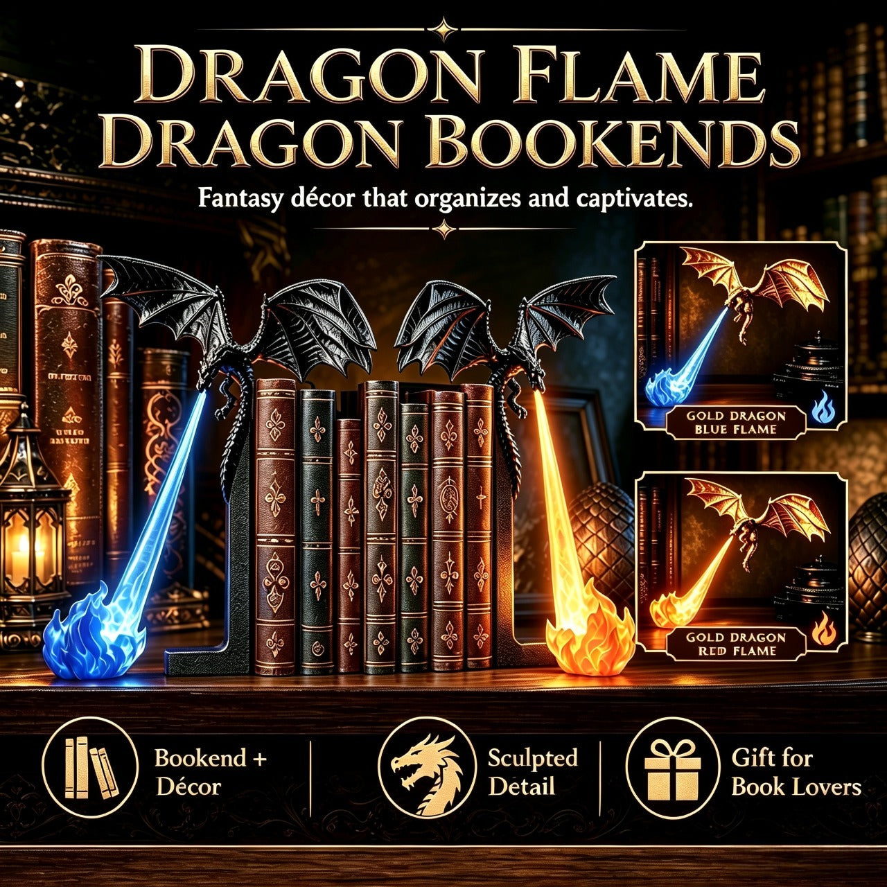 🐉 Dragon Flame Bookends – Gothic Shelf Decor for Book Lovers & Halloween