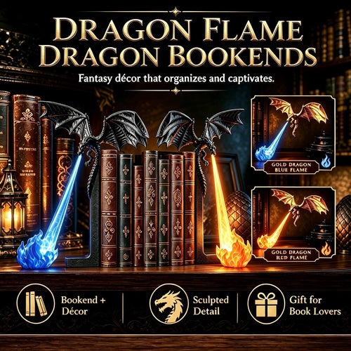 🐉 Dragon Flame Bookends – Gothic Shelf Decor for Book Lovers & Halloween