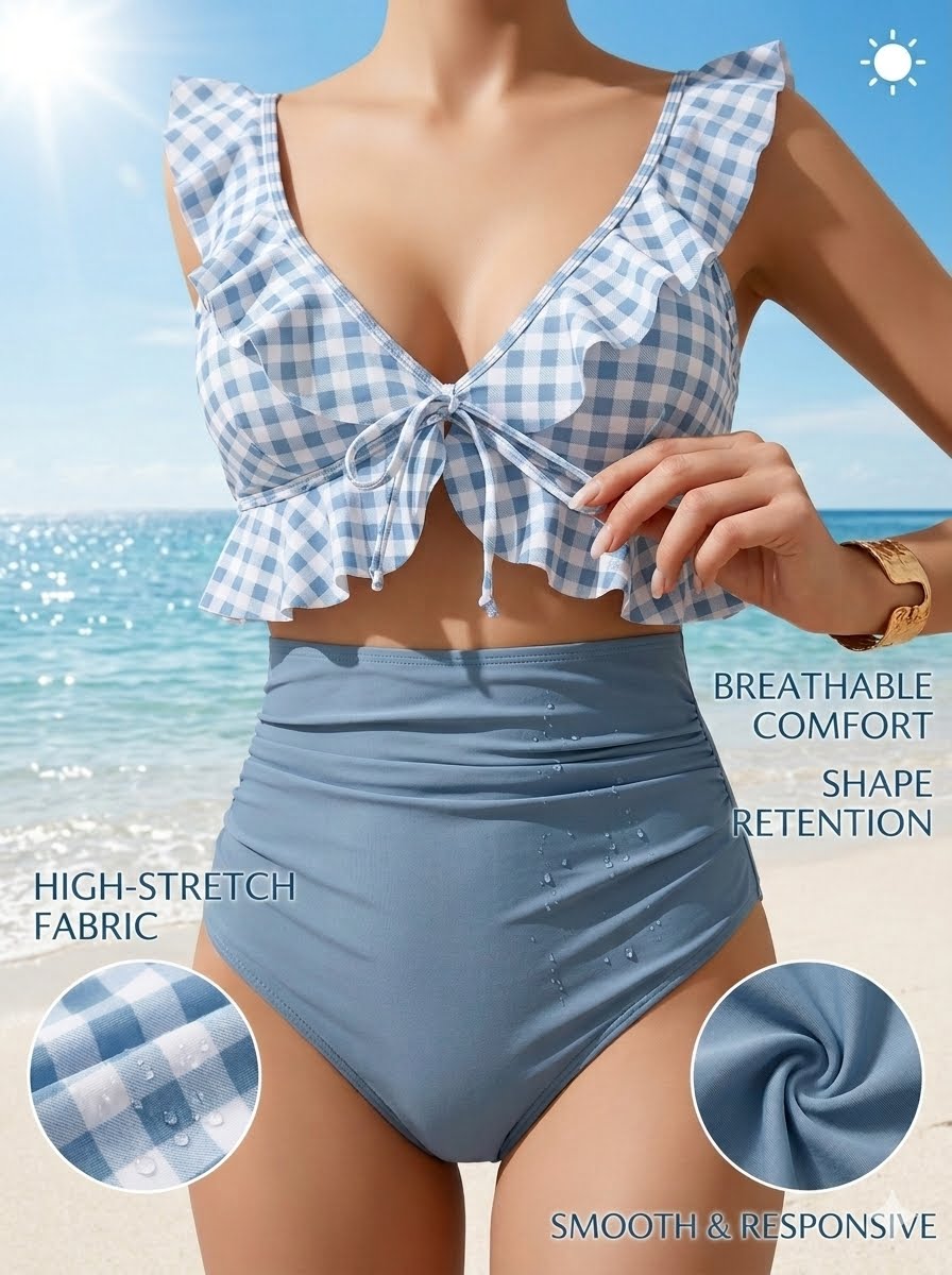 One Piece Swimsuit for Women Tummy Control Ruffle Bathing Suit V Neck Ruched Swim Suit Slimming Cutout Swimwear