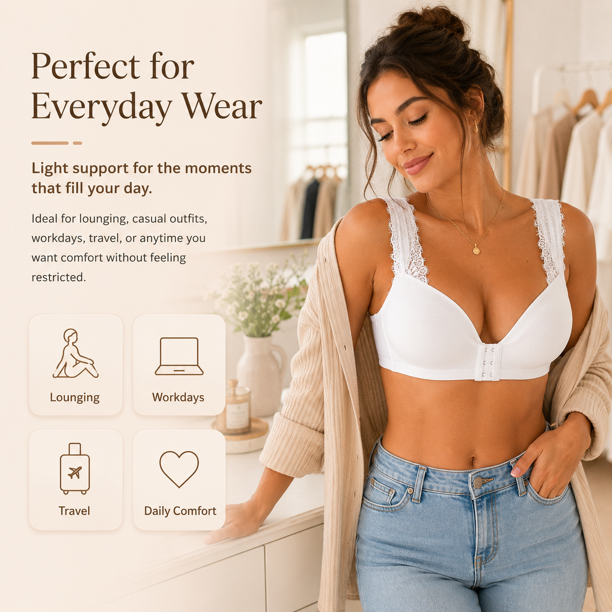 ☁️Big-size gathered front snap closure fixed cup lace bra-style bra
