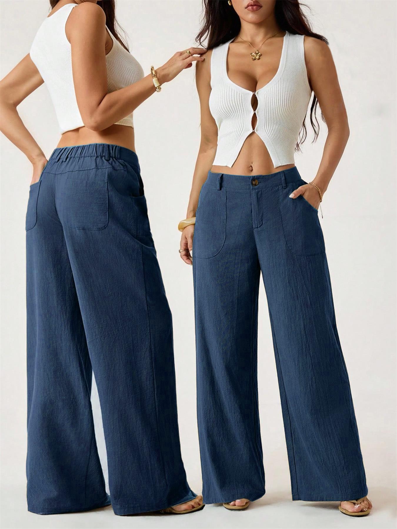 Women's Classical Linen Palazzo Pants Summer Flowy Wide Straight Leg Beach Trousers With Pocket Casual Solid Color Soft Elastic High Waist Lounge Pants