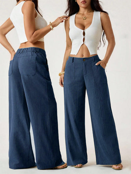 Women's Classical Linen Palazzo Pants Summer Flowy Wide Straight Leg Beach Trousers With Pocket Casual Solid Color Soft Elastic High Waist Lounge Pants