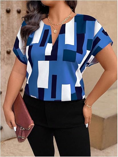 🔥2026 summer trend | Women's Plus Size Color Block Shirt Blouse Short