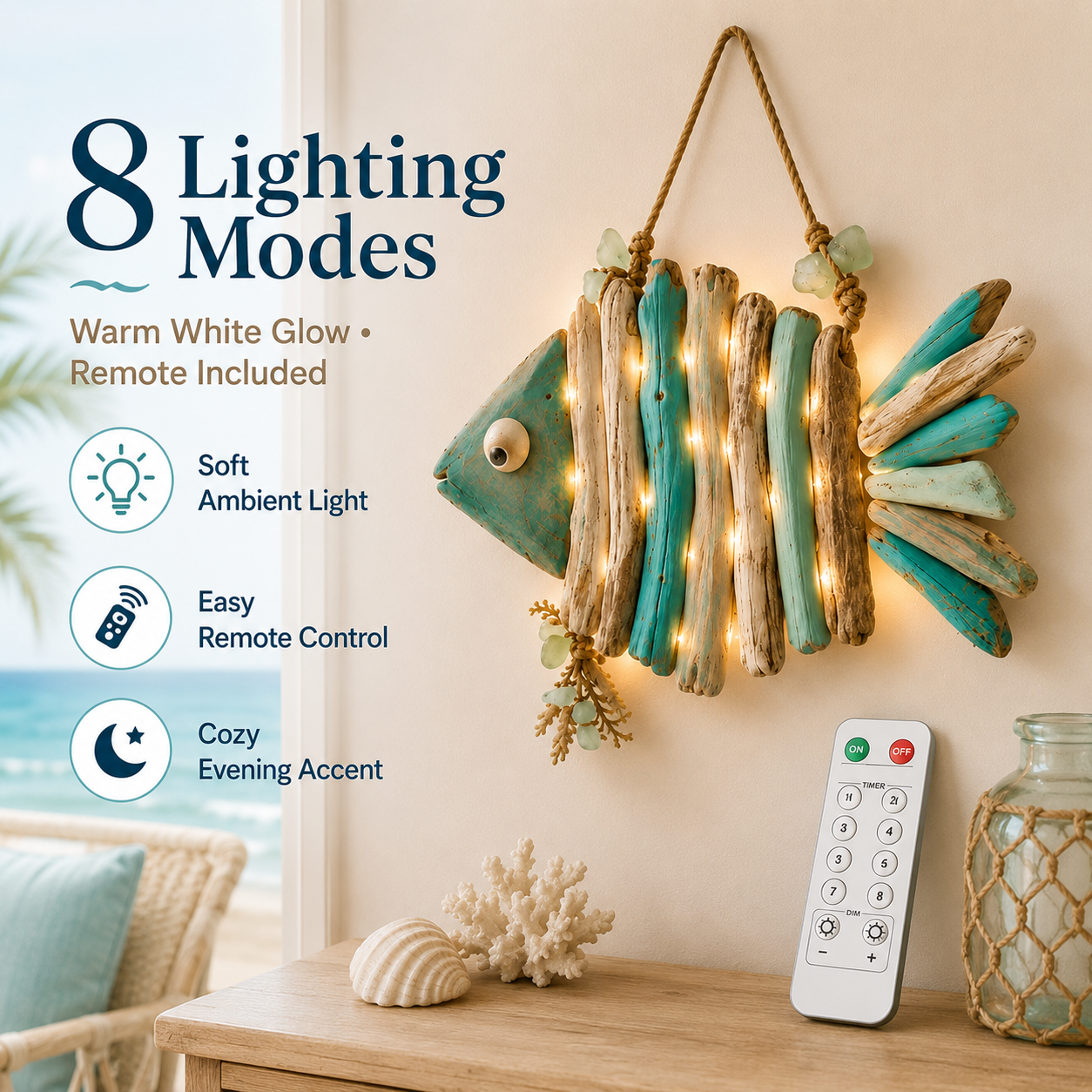 🌊 Lighted Coastal Fish Wall Decor | Driftwood LED Art with Remote & 8 Modes