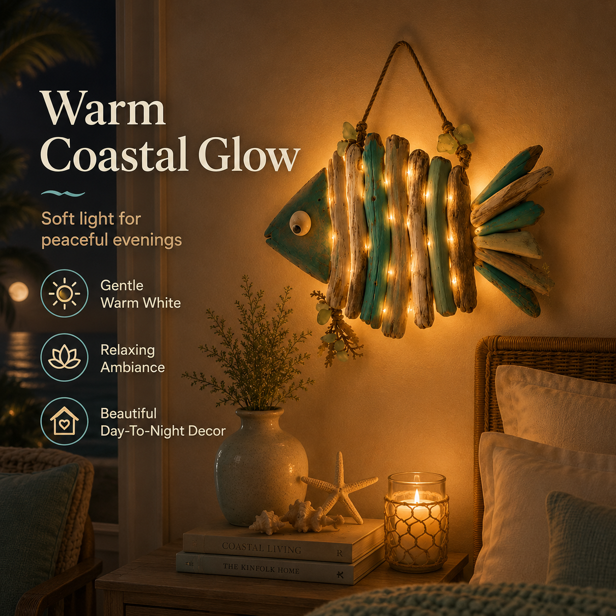 🌊 Lighted Coastal Fish Wall Decor | Driftwood LED Art with Remote & 8 Modes