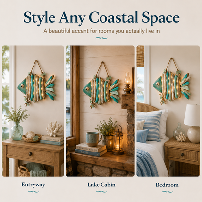🌊 Lighted Coastal Fish Wall Decor | Driftwood LED Art with Remote & 8 Modes