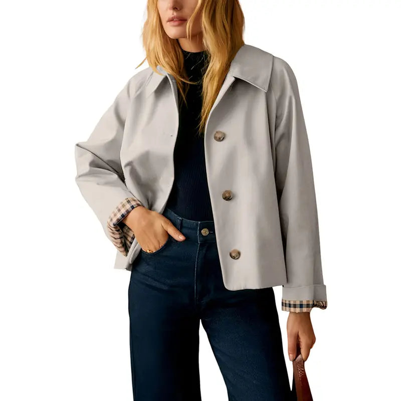 🧥 Classic Collar Cropped Jacket – Checkered Lining, Breezy Summer Style