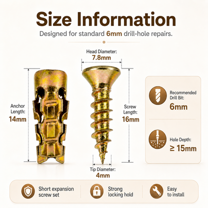 🔩 6×14mm Short Expansion Screw Set for Cabinet Hinge Repair & Stripped Thread Restoration