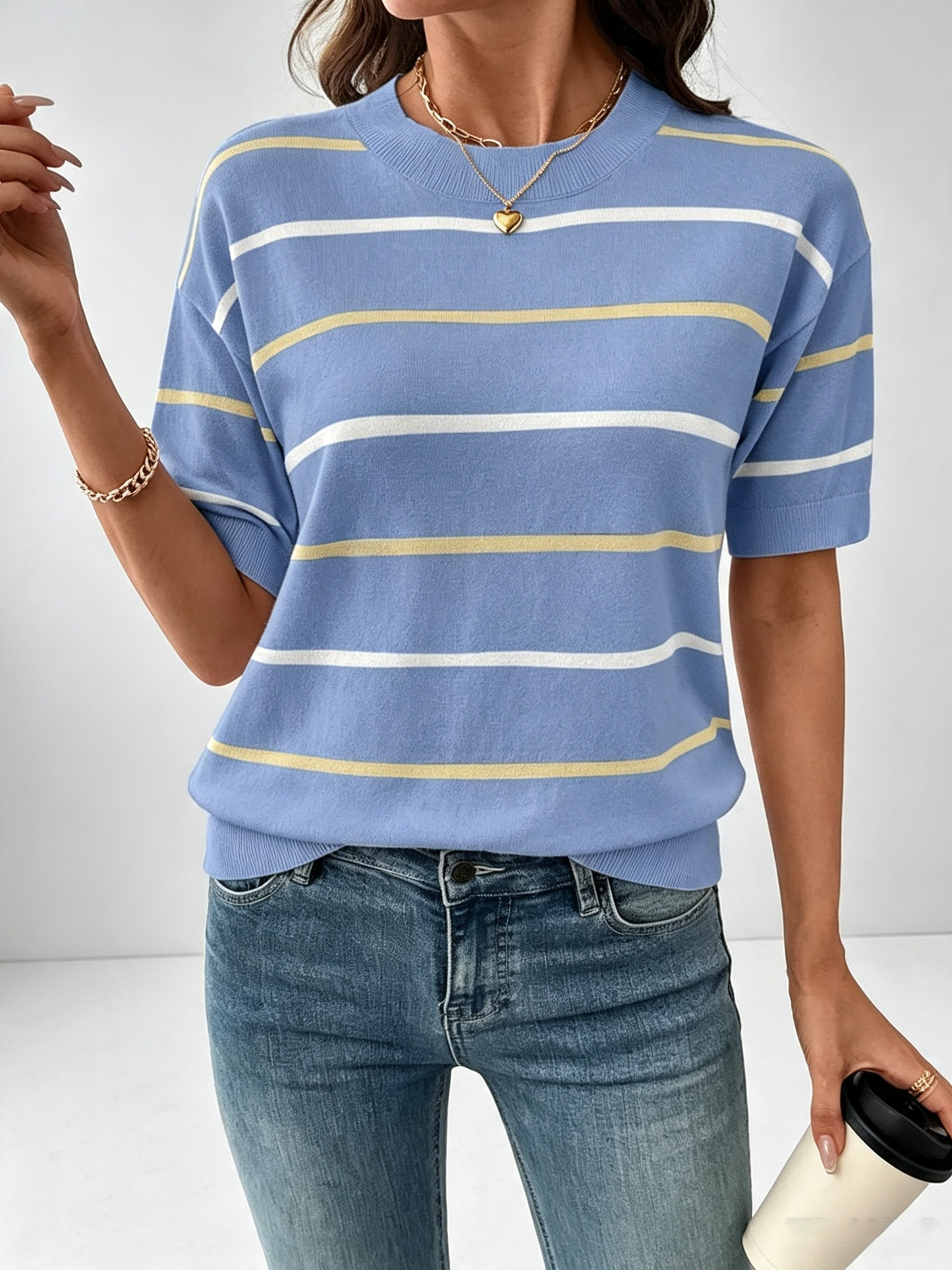 🔥Women's Striped Knit Round Neck Shortsleeve Baggy Pullover
