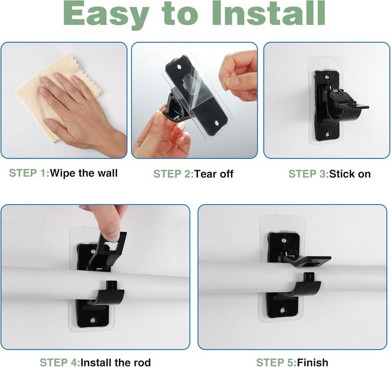 6 Pack Self Adhesive Rod Brackets, No Drill Needed Curtain Rod Holders