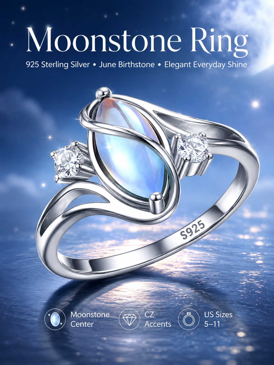 925 Silver Rainbow Moonstone Ring✨Jewelry Trend
