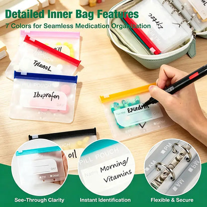 💊 Waterproof Pill Pouch Set – 14pcs A8 Bags, 7–14 Day Med Organizer with Color Labels