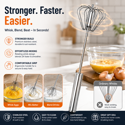 🥄✨ Stainless Steel Hand-Push Rotary Whisk – Effortless Mixing in Seconds!