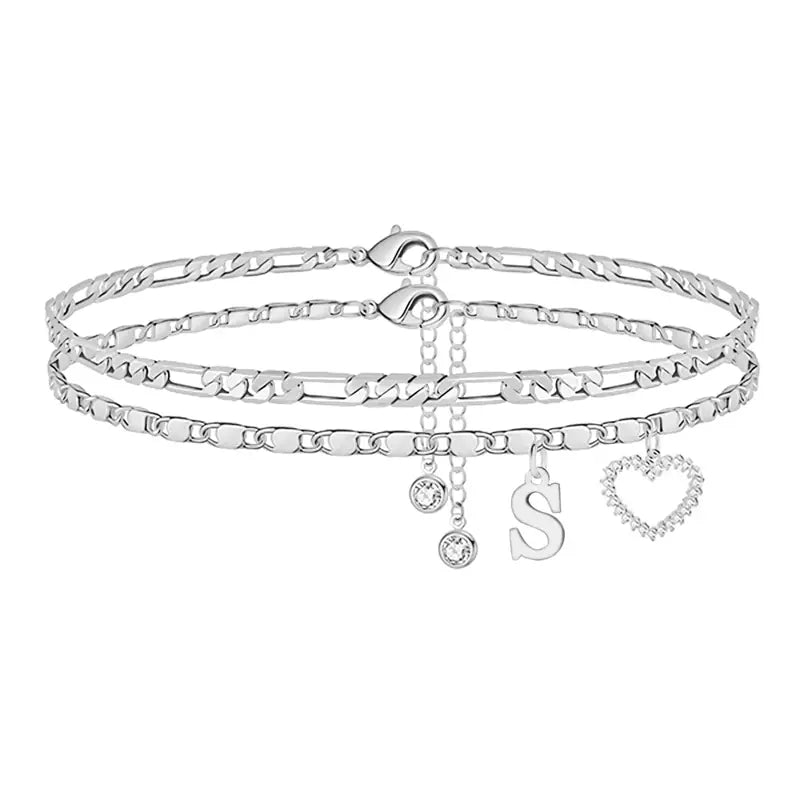 🎁Double-Layer 26-Letter Gold-Tone Chain Heart-Shaped Anklet with a heart-shaped pendant