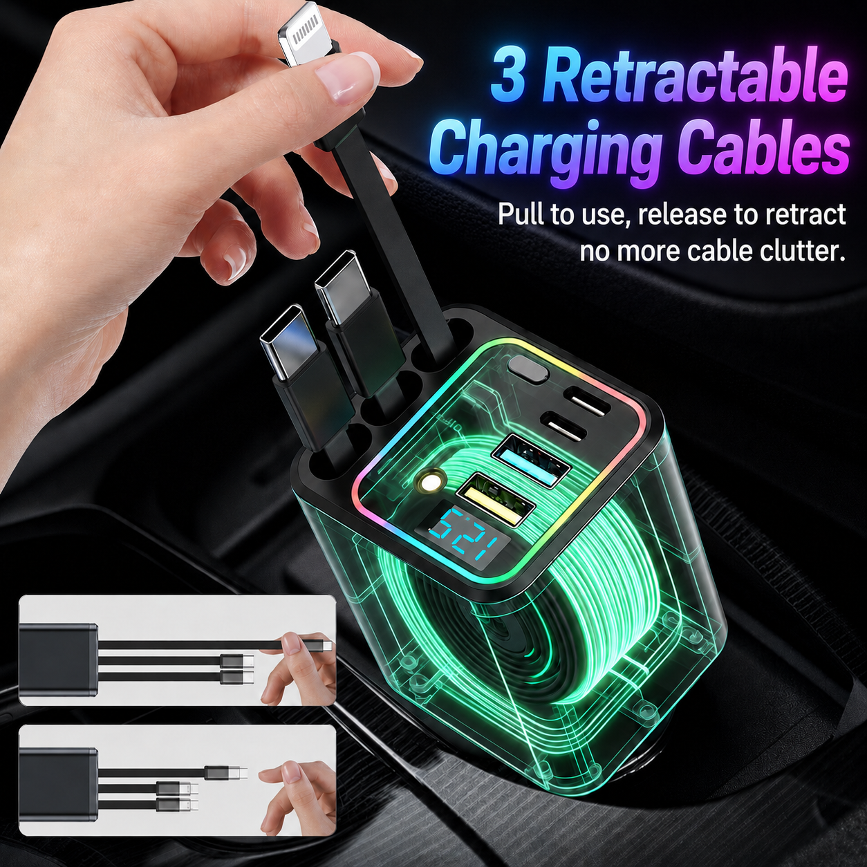 Retractable Automotive High Speed Car Charger with Starry Sky Atmosphere Light