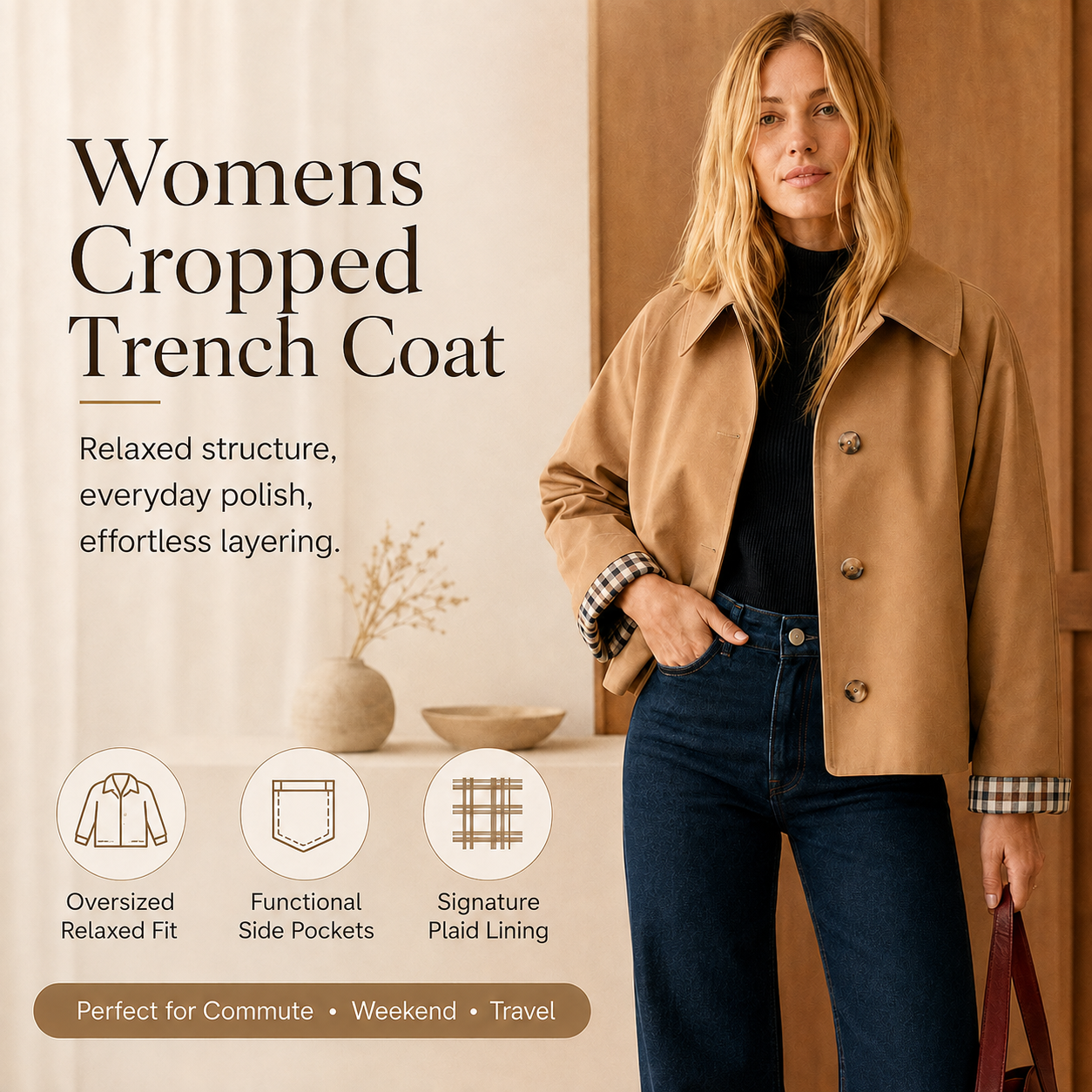 Women’s Cropped Trench Coat – Oversized Casual Jacket with Plaid Lining