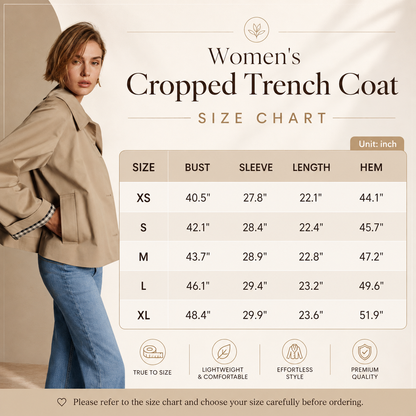Women’s Cropped Trench Coat – Oversized Casual Jacket with Plaid Lining