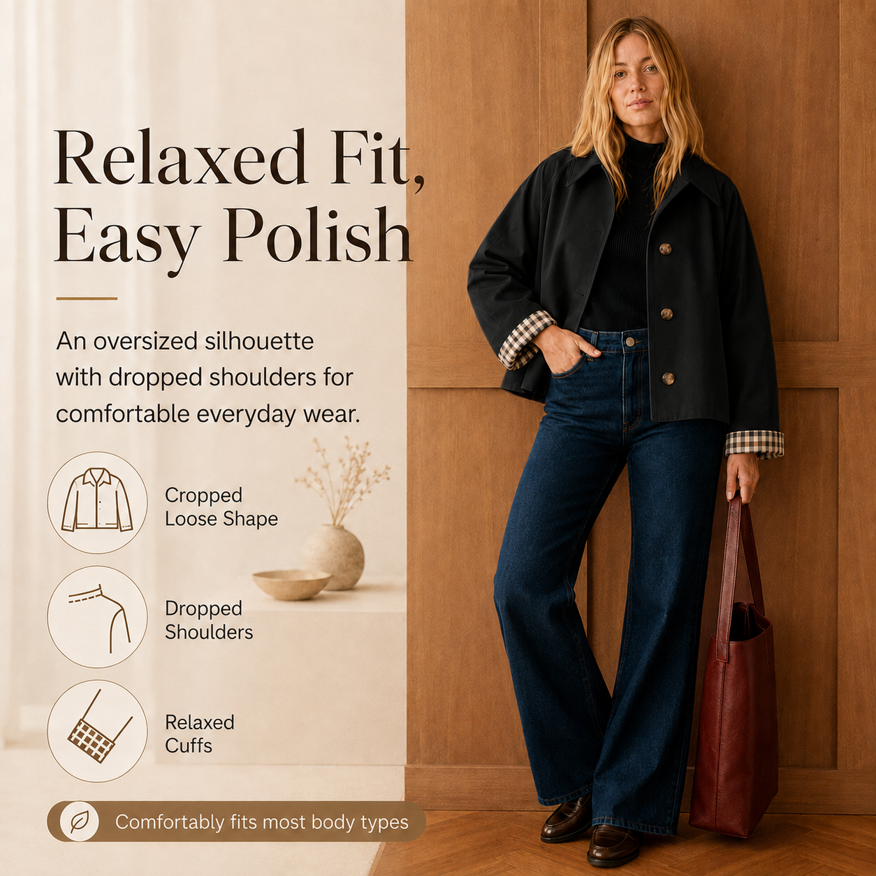 Women’s Cropped Trench Coat – Oversized Casual Jacket with Plaid Lining