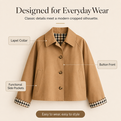 Women’s Cropped Trench Coat – Oversized Casual Jacket with Plaid Lining