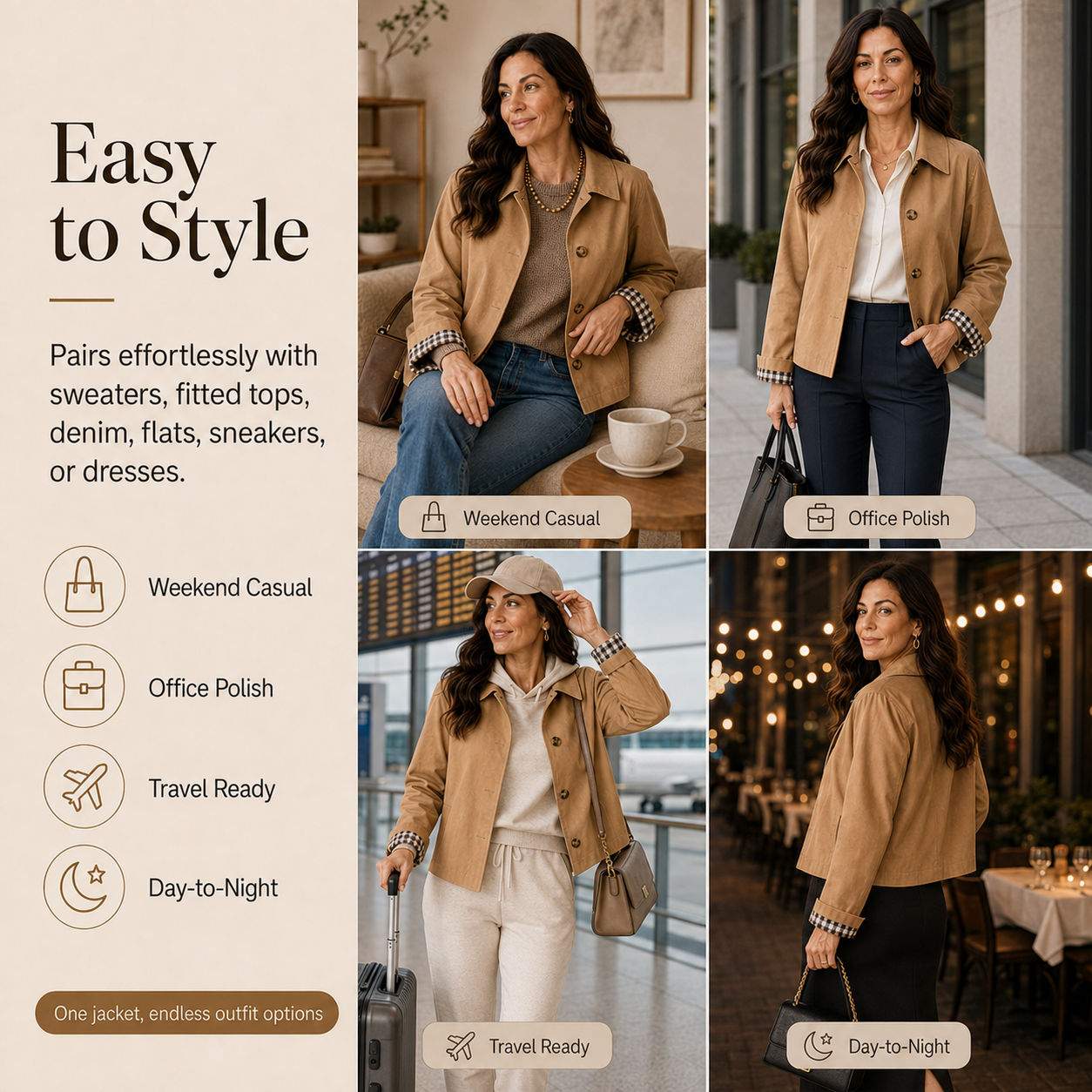 Women’s Cropped Trench Coat – Oversized Casual Jacket with Plaid Lining