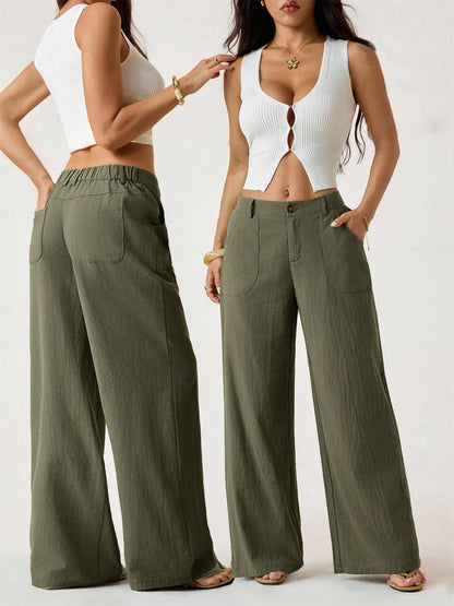 Women's Classical Linen Palazzo Pants Summer Flowy Wide Straight Leg Beach Trousers With Pocket Casual Solid Color Soft Elastic High Waist Lounge Pants