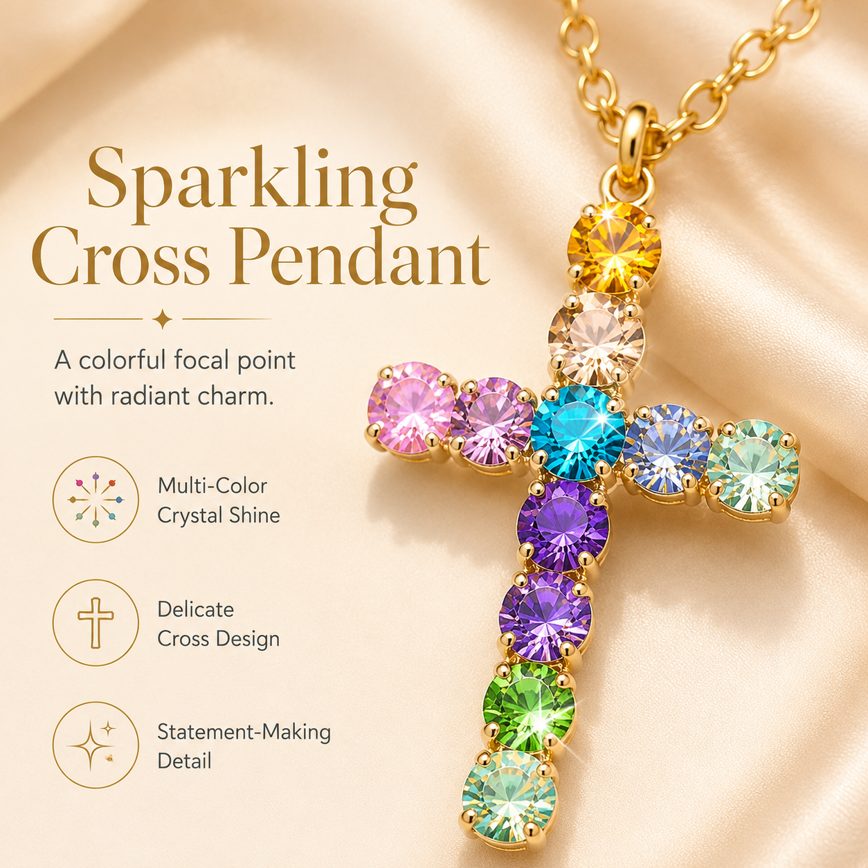 Colorful Zircon Layered Cross Necklace – Trendy Tassel Pendant Jewelry for Women