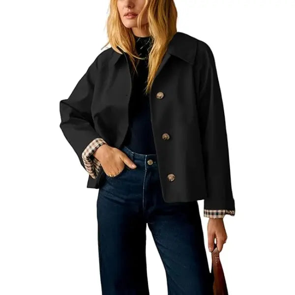 🧥 Classic Collar Cropped Jacket – Checkered Lining, Breezy Summer Style
