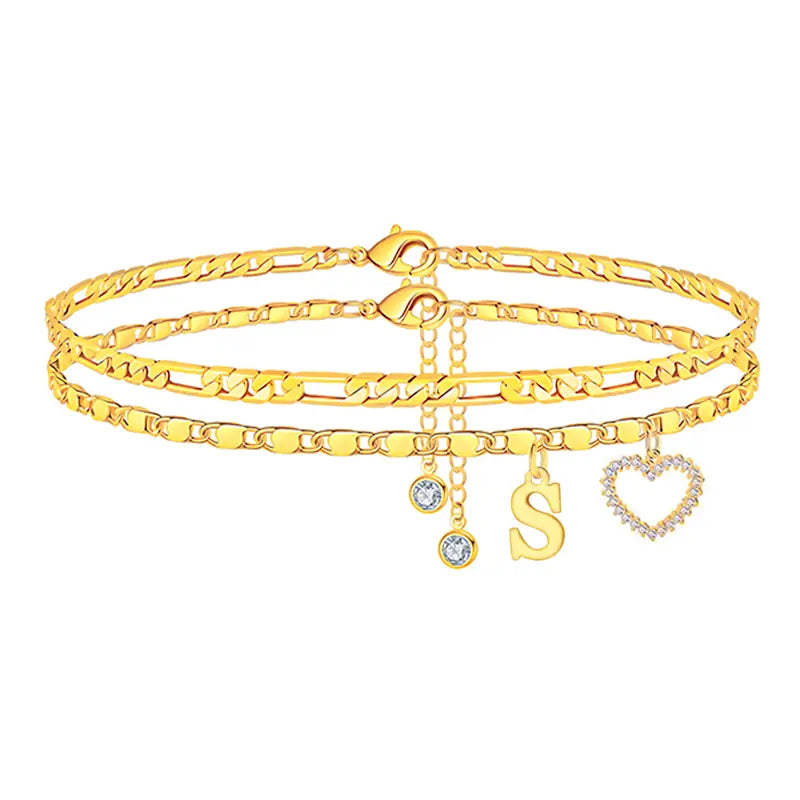 🎁Double-Layer 26-Letter Gold-Tone Chain Heart-Shaped Anklet with a heart-shaped pendant