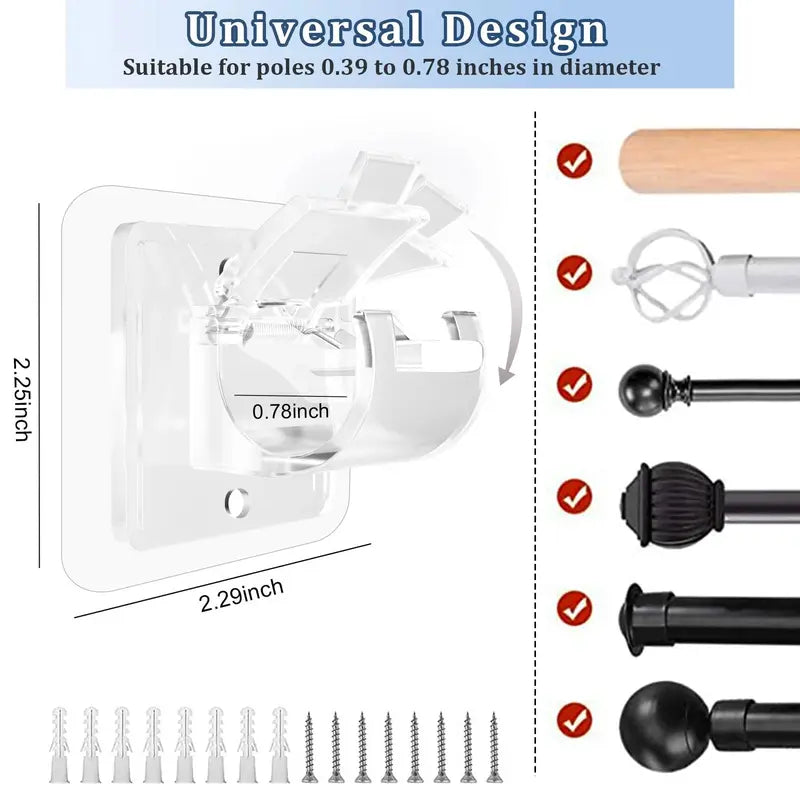 8PCS No-Drill Self-Adhesive Curtain Rod Brackets – Heavy Duty Wall Hooks for Curtain Rods, Damage-Free Installation